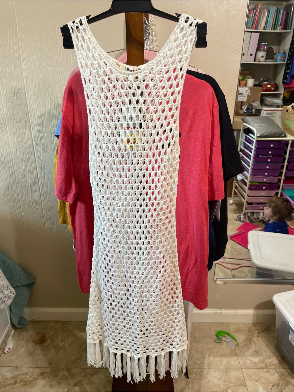 Miken White Crochet Open-Weave Beach Tunic with Fringe Detail